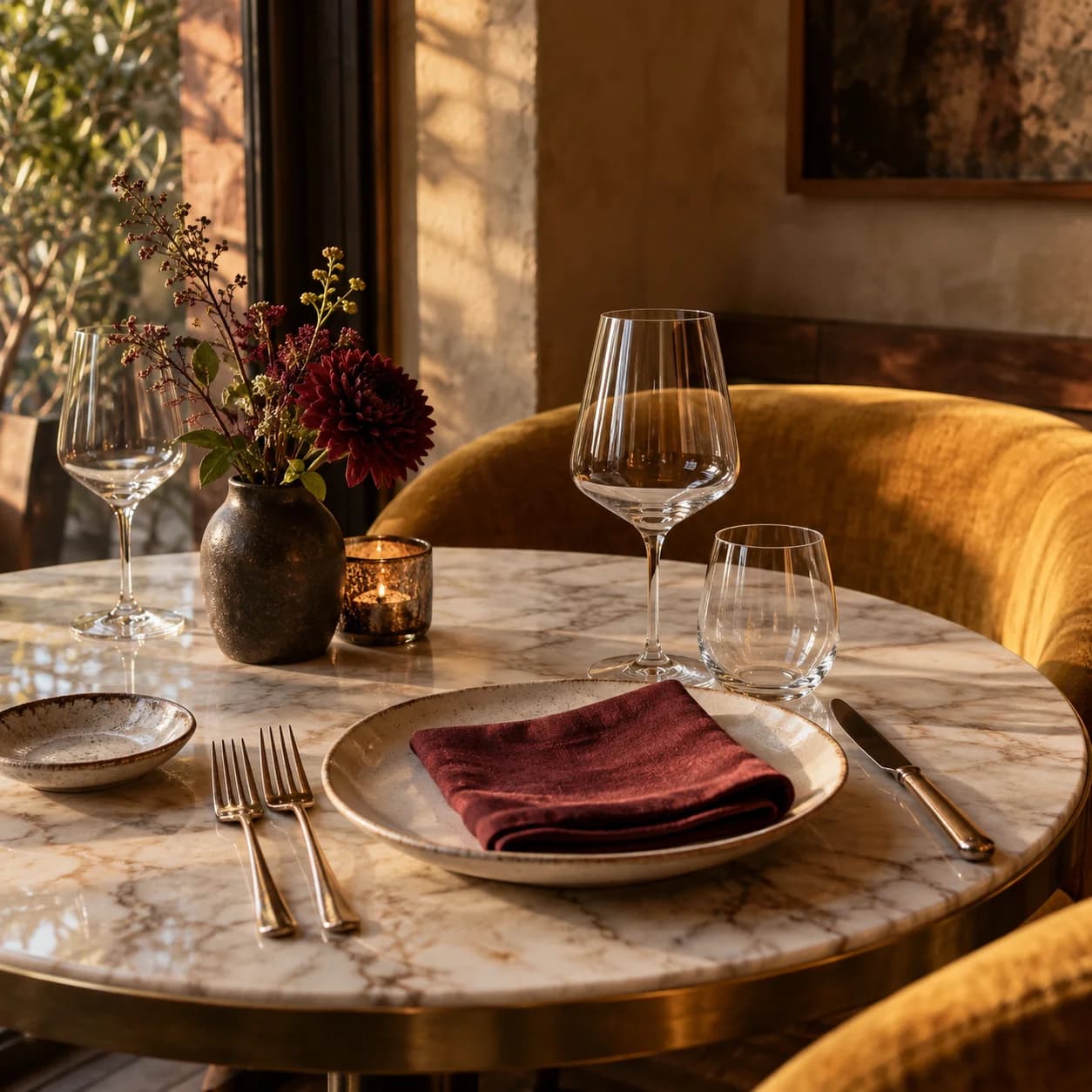 A warmly lit restaurant table set for dinner