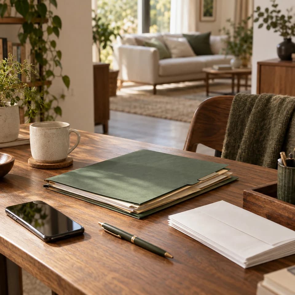 Paperwork and a phone on a sunlit desk at home