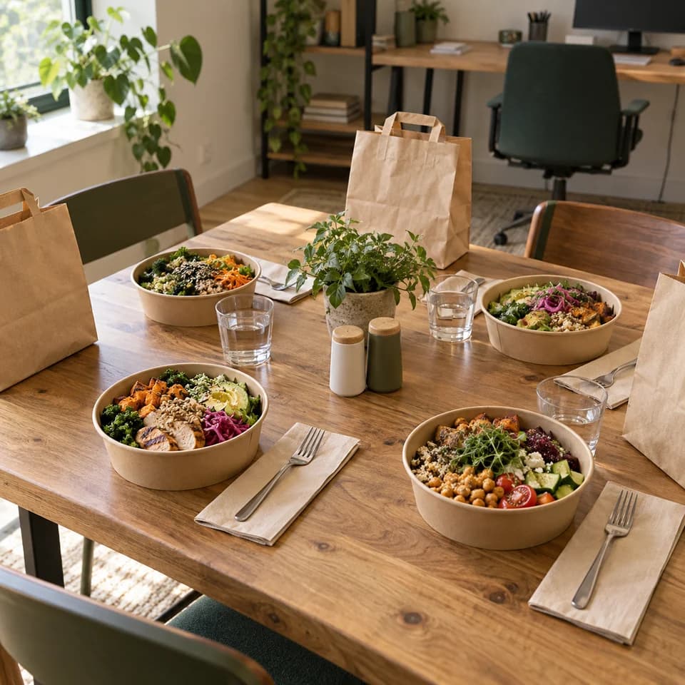 Lunch bowls ready for a small team around a shared office table