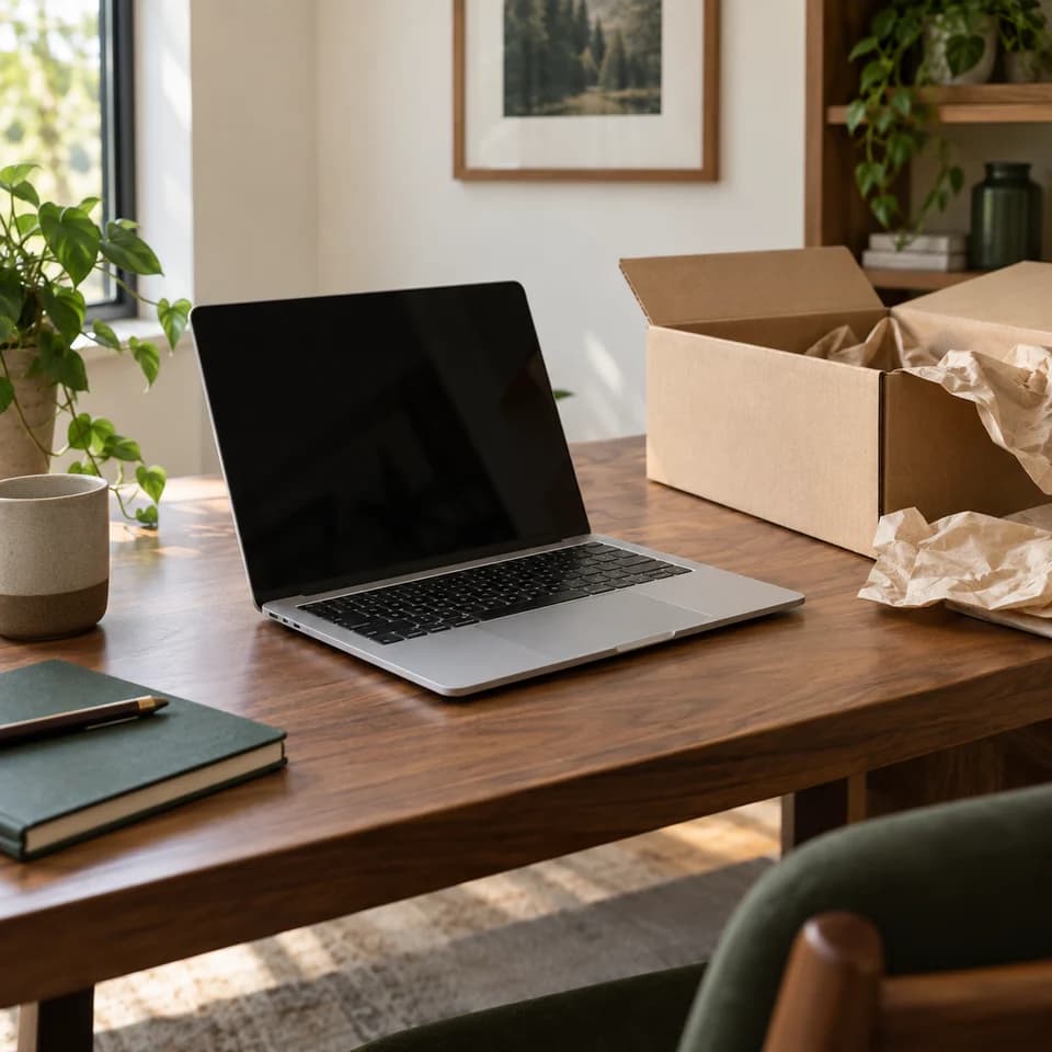 A newly unpacked laptop beside its shipping box on a wooden desk